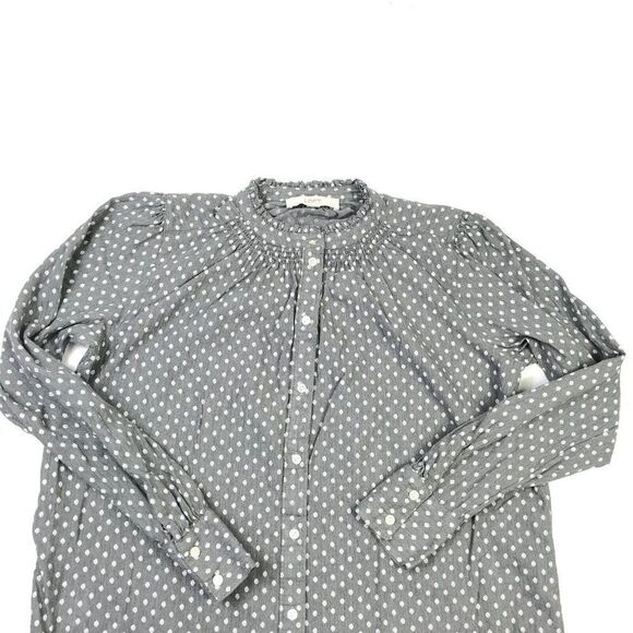 LOFT Womens Cotton Top Gray White Dot Print Button Down Shirt Long Sleeve Small - Picture 3 of 11